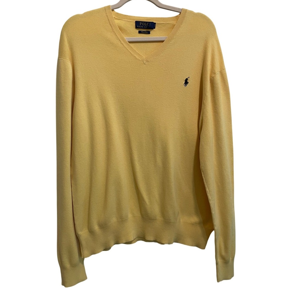 Polo Ralph Lauren Mens XL Yellow Pima Cotton V-Neck Sweater Navy Pony Preppy
